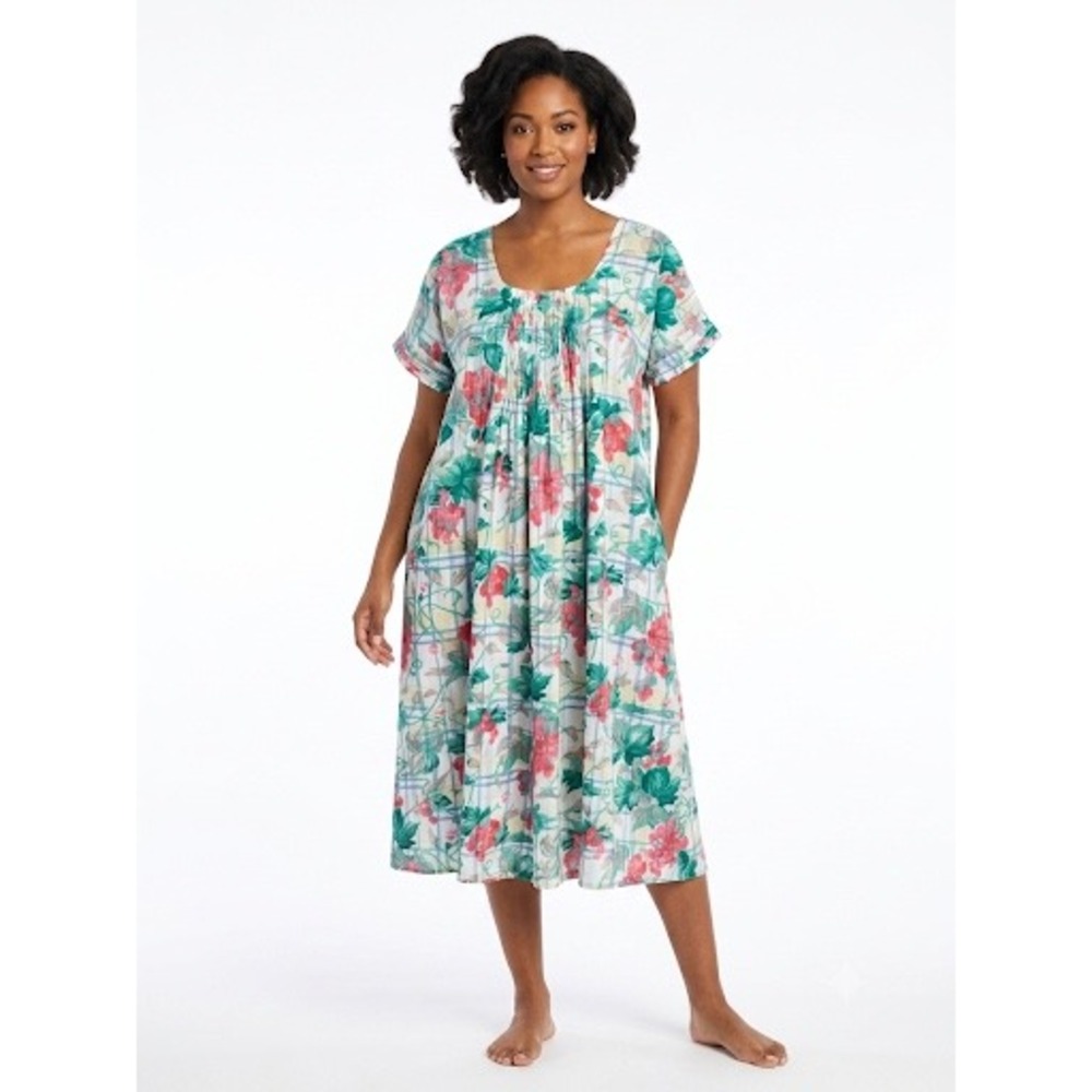 Vintage La Cera Mixed Floral Plaid Cotton Patio Dress‎ Large / Cottagecore